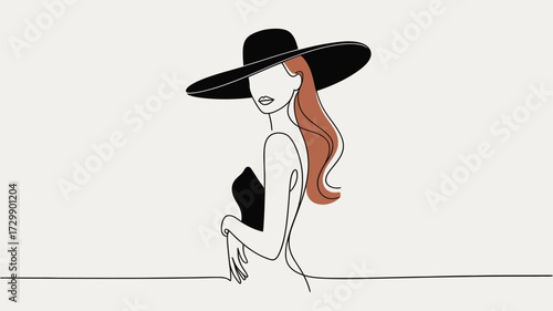 Elegant woman wearing a wide brimmed black hat and black dress depicted in a minimalist line art style with a touch of color for her auburn hair exuding sophistication and timeless fashion