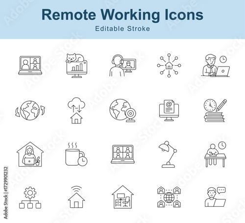 Remote Working Line Icon Set. Editable Stroke Vector Illustration. Home Office, Freelance, Work From Home, Virtual Office, Online Productivity Etc