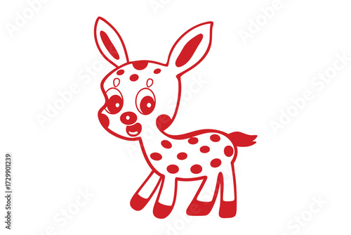 Cheerful cartoon fawn with red spots and outline stands on a white background