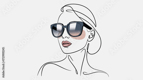Elegant line art illustration of a stylish woman wearing oversized sunglasses and a headscarf showcasing a minimalist fashion portrait with subtle blush tones