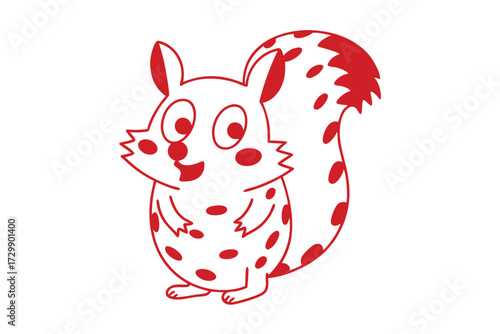 Cheerful cartoon squirrel with a spotted body smiles on a white background