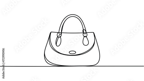 Minimalist single line drawing of a stylish handbag with a curved silhouette and two top handles presented on a clean white background symbolizing fashion and elegance