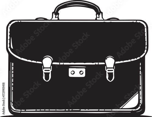 Classic briefcase black and white illustration with handle buckle straps lock professional office vector design