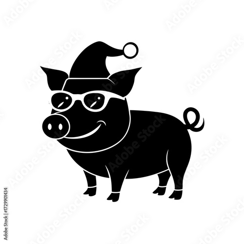 vector silhouette of a cartoon pig wearing Christmas hat and sunglass