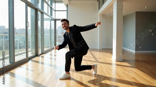 Energetic businessman practices lunges in modern loft apartment, embracing wellness and fitness, boosting productivity through active breaks