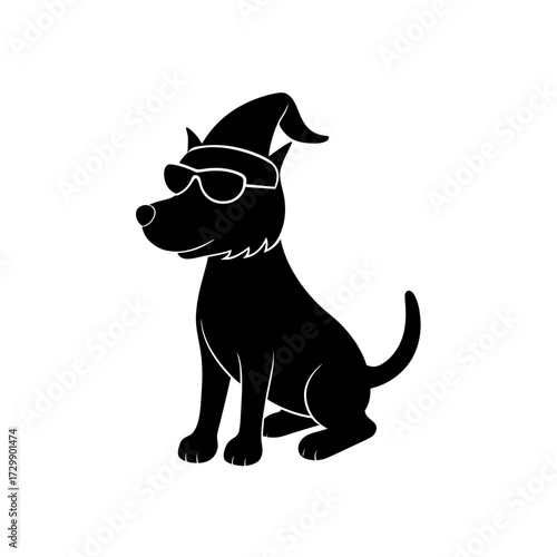 vector silhouette of a cartoon dog wearing Christmas hat and sunglass