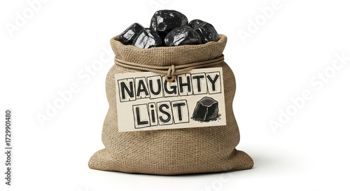 A burlap sack overflowing with lumps of coal, isolated on white background, labeled naughty list, symbolizing the consequences of bad behavior during the holiday season