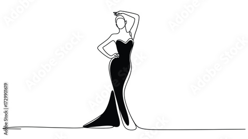 Elegant minimalist black and white line art illustration of a woman in a flowing floor length evening gown striking a confident pose on a white background