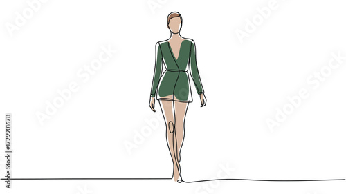 Fashion illustration of a stylish woman wearing a green blazer and short skirt posing confidently with a minimalist design and clean white background