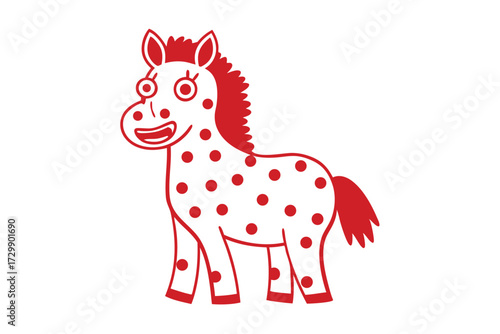 Cheerful red cartoon pony with spotted body smiles brightly in simple style