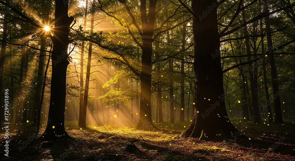 Fototapeta premium A surreal twilight forest glowing in sunset light, trees bathed in gold and shadow, fog clinging to the ground like smoke, occasional glimmers in the mist, beauty veiled in mystery