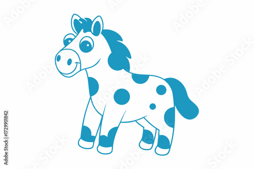 Cheerful spotted horse smiles with happiness, its blue outline bright against white