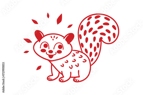 Cheerful red squirrel smiles with happiness, surrounded by abstract leaves, isolated on a white background
