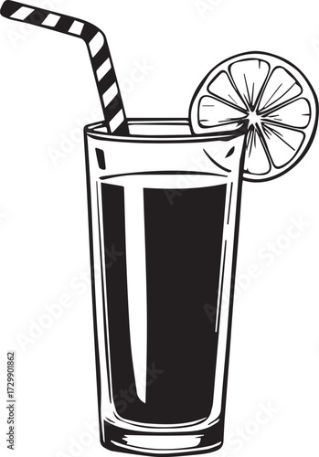 Black and white beverage illustration with citrus slice straw refreshing summer drink vector design