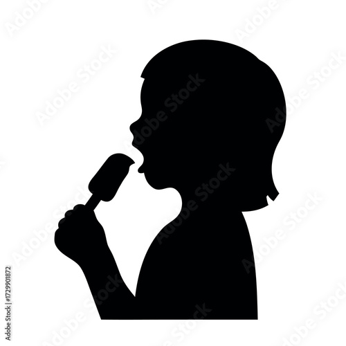 Silhouette of a young child joyfully eating a popsicle on a bright white background