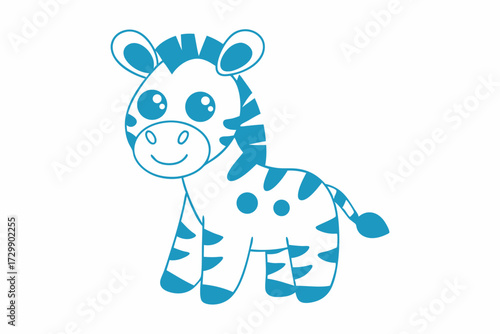 Cheerful turquoise zebra cub standing on white background with a smiling face
