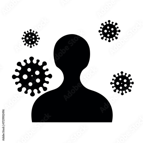 Silhouette of a person surrounded by abstract representations of viruses or bacteria