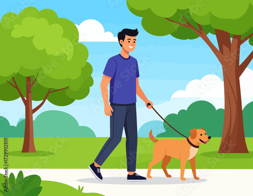 A smiling man walks his golden dog on a leash through a park with trees and a path on a sunny day.