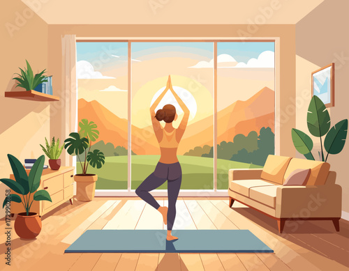 Woman in yoga pose (tree pose) in a bright, sunny living room with a view of mountains.