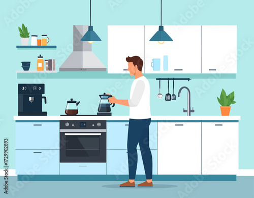 Illustration of a man preparing coffee in a modern kitchen with light blue walls and white cabinets.