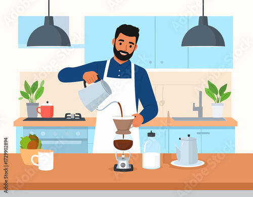 A man with a beard wearing an apron is pouring coffee from a kettle into a pour-over dripper in a kitchen setting.
