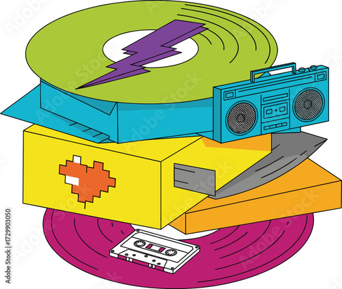 Stacked Retro Media Vector with Vinyl Records, Boombox, Cassette Tape, Pixel Heart – Nostalgic Music and Digital Culture Illustration