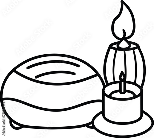 meditation cushion beside candle line art on transparent background