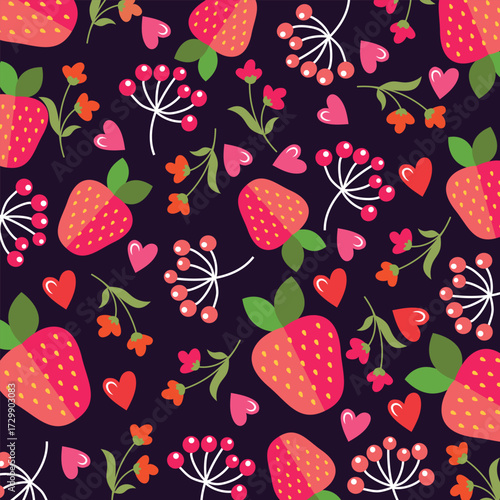 Seamless pattern with strawberry on color background. Natural delicious fresh ripe tasty fruit. Vector illustration for print, fabric, textile, banner, other design. Food concept
