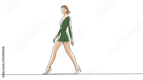 Fashion illustration of a young woman walking with a confident stride wearing a stylish green and white athletic inspired mini dress and high heeled boots against a clean white background