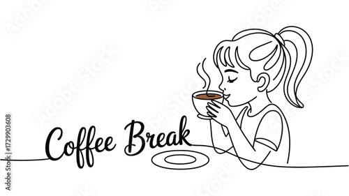 A young girl with her hair in a ponytail enjoys a warm cup of coffee steam rising from the mug with the words coffee break elegantly written beside her