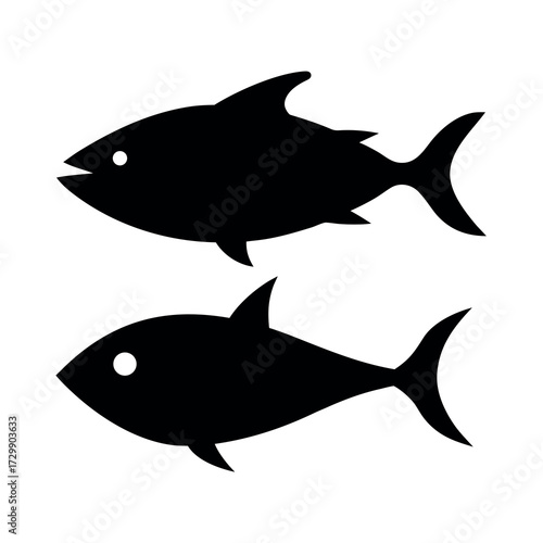 Two silhouetted tuna fish swimming together in a simple black and white illustration
