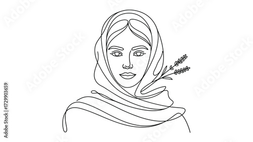 Elegant continuous line drawing of a woman wearing a hijab her face serene with a delicate sprig of lavender artfully placed near her temple symbolizing peace and natural beauty