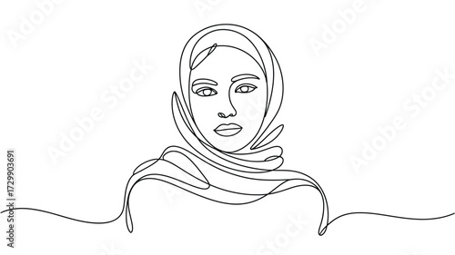 Minimalist single line drawing of a young woman wearing a hijab elegant and modern portrait representing beauty and cultural identity perfect for design and illustration