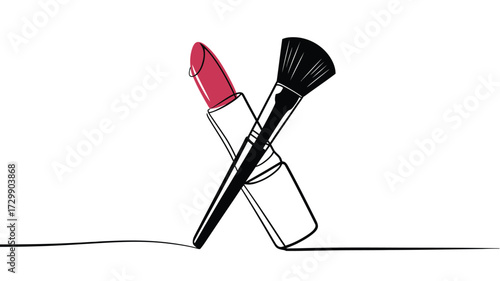 Minimalist continuous line drawing of a vibrant pink lipstick and a black makeup brush crossed against a clean white background representing beauty and cosmetics
