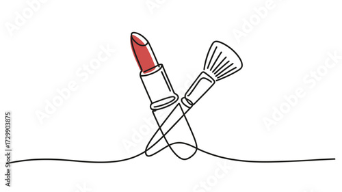 Minimalist single line drawing of a red lipstick and makeup brush crossed over each other on a white background representing beauty and cosmetic application