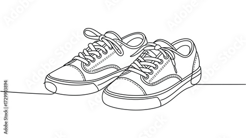 A minimalist line art drawing of a pair of classic high top canvas sneakers with laces tied presented on a clean white background symbolizing casual footwear and urban style