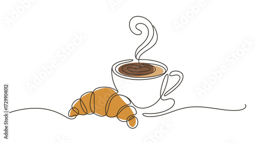 Artistic single line drawing of a warm steaming cup of coffee next to a delicious golden brown croissant on a white background representing a simple and elegant breakfast