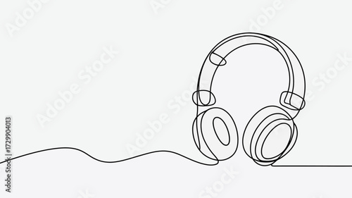 Minimalist continuous line drawing of modern over ear headphones with a cable extending to the left on a clean white background representing music and audio