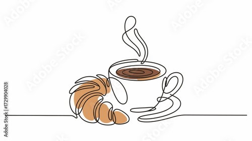 A minimalist single line drawing of a steaming cup of coffee next to a golden brown croissant on a white background perfect for breakfast or cafe themes