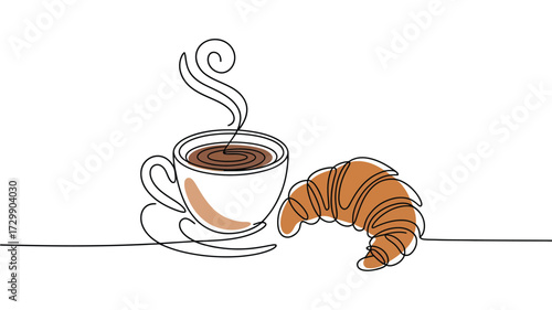 A minimalist single line drawing of a steaming cup of coffee next to a freshly baked croissant on a white background representing a simple and delicious breakfast