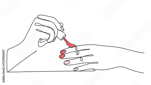 Minimalist line art illustration of a hand applying vibrant red nail polish to fingernails showcasing a beauty routine and self care