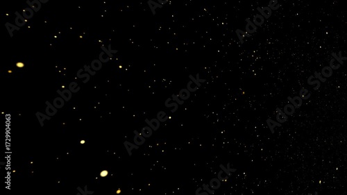  Golden sparkles bubbles champagne particles stars on black background. New Year holiday concept.