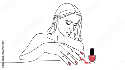 Elegant sketch of a young woman with long hair applying vibrant red nail polish to her fingernails with a bottle of polish nearby showcasing beauty and self care