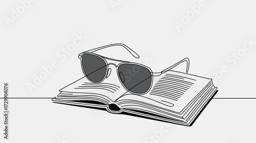 A minimalist line drawing illustration of a pair of aviator sunglasses resting on an open book representing summer reading vacation or leisure time with a classic aesthetic
