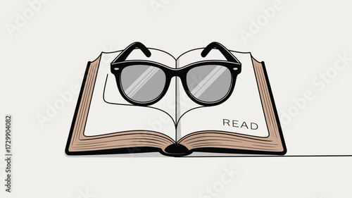An open book with a pair of classic black framed reading glasses resting on its pages symbolizing knowledge and education