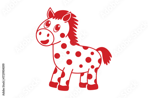 Cute cartoon pony with red spots and outline smiles gently on white background