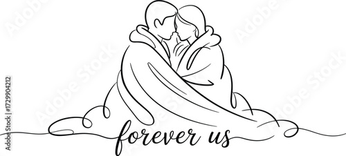 Romantic continuous line drawing of a couple embracing under a blanket with the text forever us symbolizing enduring love and togetherness in a minimalist artistic style