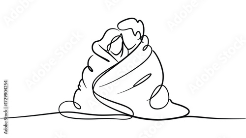 Minimalist single line drawing of a couple embracing and wrapped in a blanket symbolizing warmth comfort and intimacy against a white background