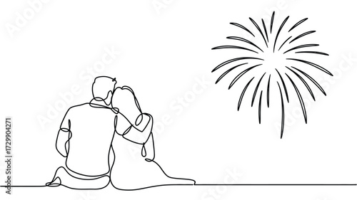 Romantic couple sitting together watching a beautiful firework display in the night sky celebrating a special occasion with a sense of wonder and togetherness