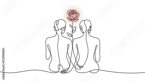 Minimalist line art illustration of two people sitting back to back with a delicate rose blooming above them symbolizing connection love and shared dreams